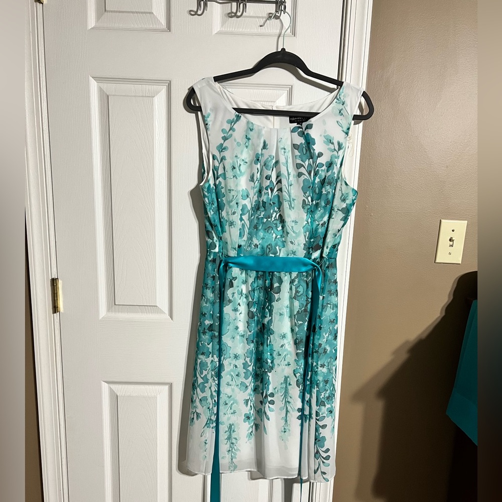 White and teal dress. Size 14
